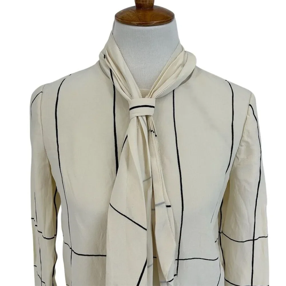 Tory Burch Window Pane Check Silk Windsor Tie Ivory Long Sleeve Blouse, S/6
